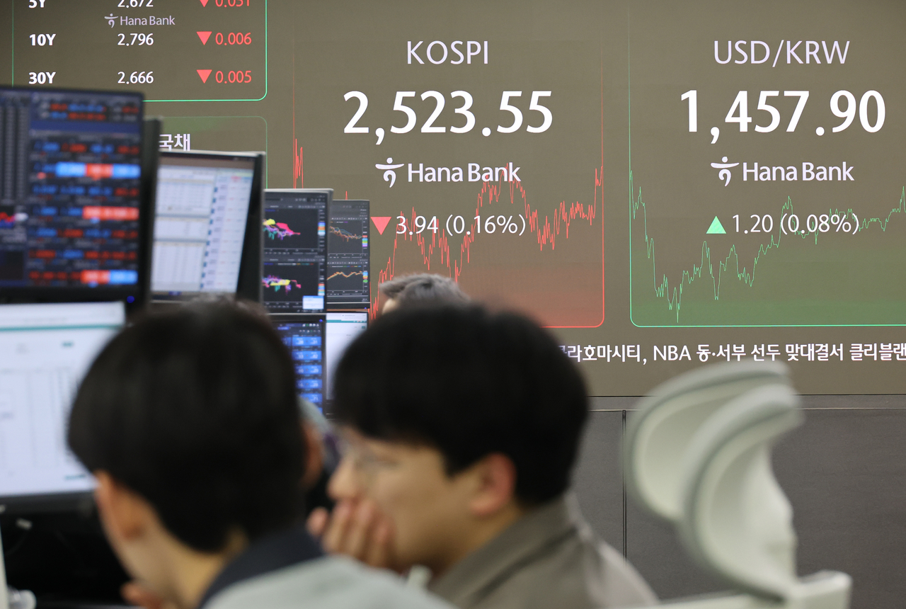 An electronic board showing the Korea Composite Stock Price Index at a dealing room of the Hana Bank headquarters in Seoul on Friday. (Yonhap)