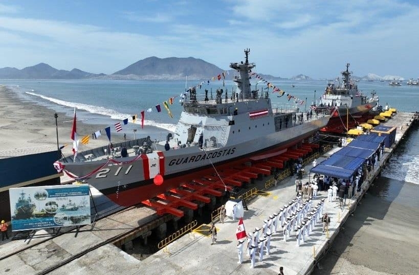 This file photo shows a christening ceremony for patrol boats -- the B.A.P. Rio Huarmey and the B.A.P. Rio Nepena -- of the Peruvian Navy held at SIMA shipyard in the South American nation on Jan. 10. (STX Corp.)