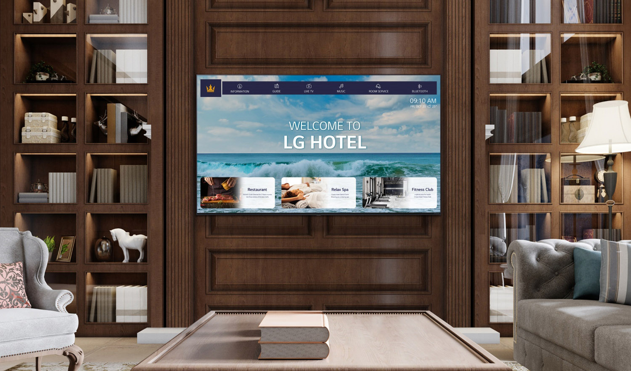호텔·병원 등에 특화된 디스플레이 관리 솔루션 ‘LG 프로센트릭 클라우드’가 호텔 TV에 적용된 모습. [LG전자 제공]