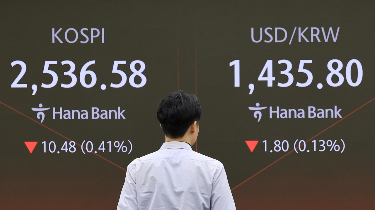 An electronic board showing the Korea Composite Stock Price Index at a dealing room of the Hana Bank headquarters in Seoul on Thursday. (Yonhap)