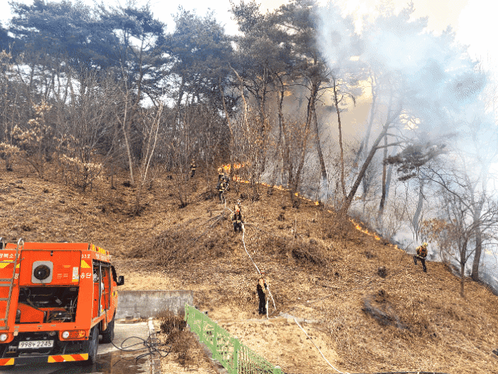 봉화군 봉화읍 적덕리 단독주택에서 발생한 화재가 인근 야산으로 확산되고 있다(경북소방본부제공)