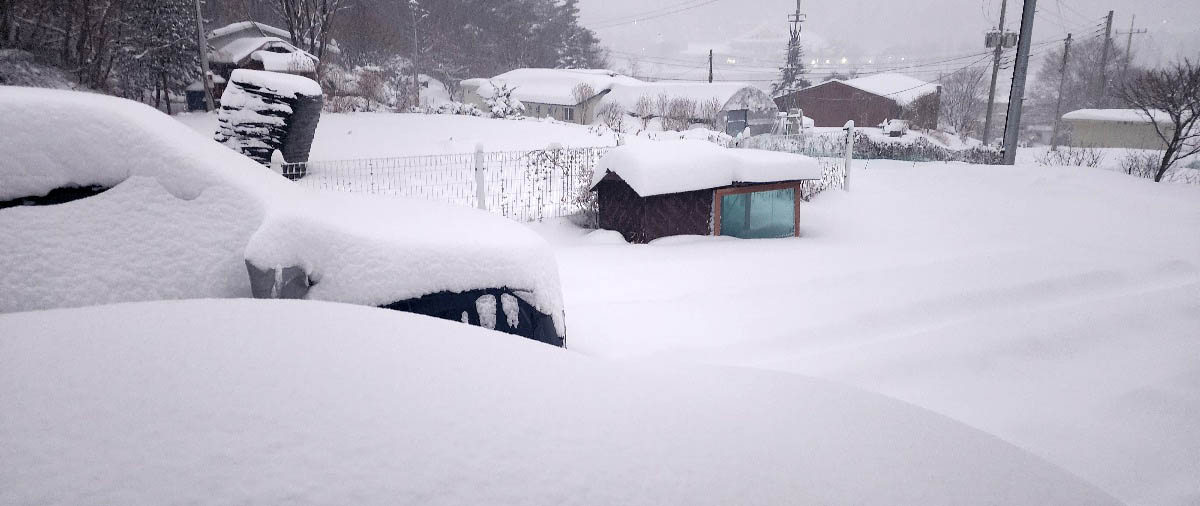 A town in Hoengseong County, Gangwon Province, is covered in snow on Tuesday. (Yonhap)