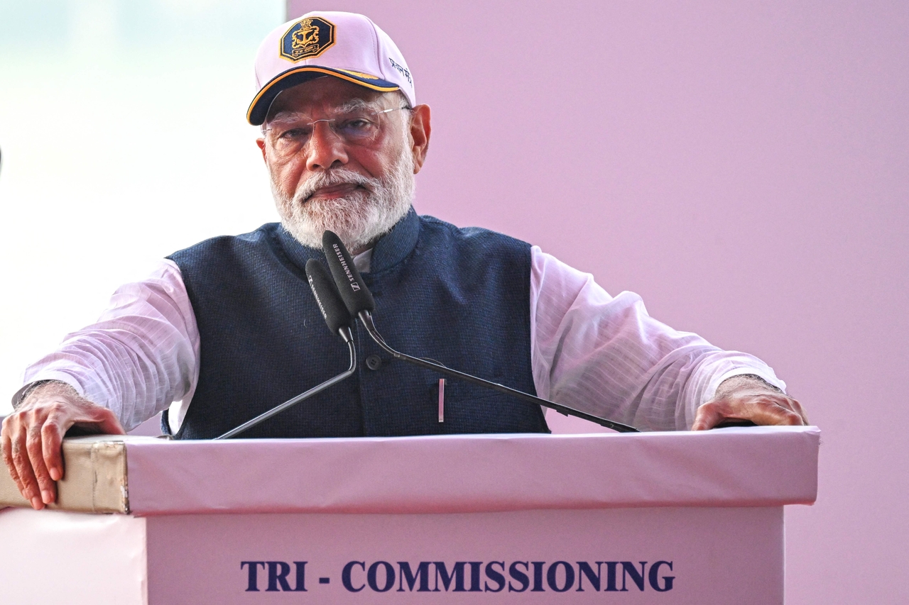 토토 카지노‘s Prime Minister Narendra Modi speaks during the tri-commissioning ceremony of the 토토 카지노n Navy’s INS Surat, INS Nilgiri and INS Vaghsheer ships, in Mumbai on January 15, 2025. Prime Minister Narendra Modi said on January 15, the launch of two 토토 카지노n-made warships and a submarine was key to its “quest towards self-reliance” as New Delhi bolsters defence against regional rivals. [AFP]