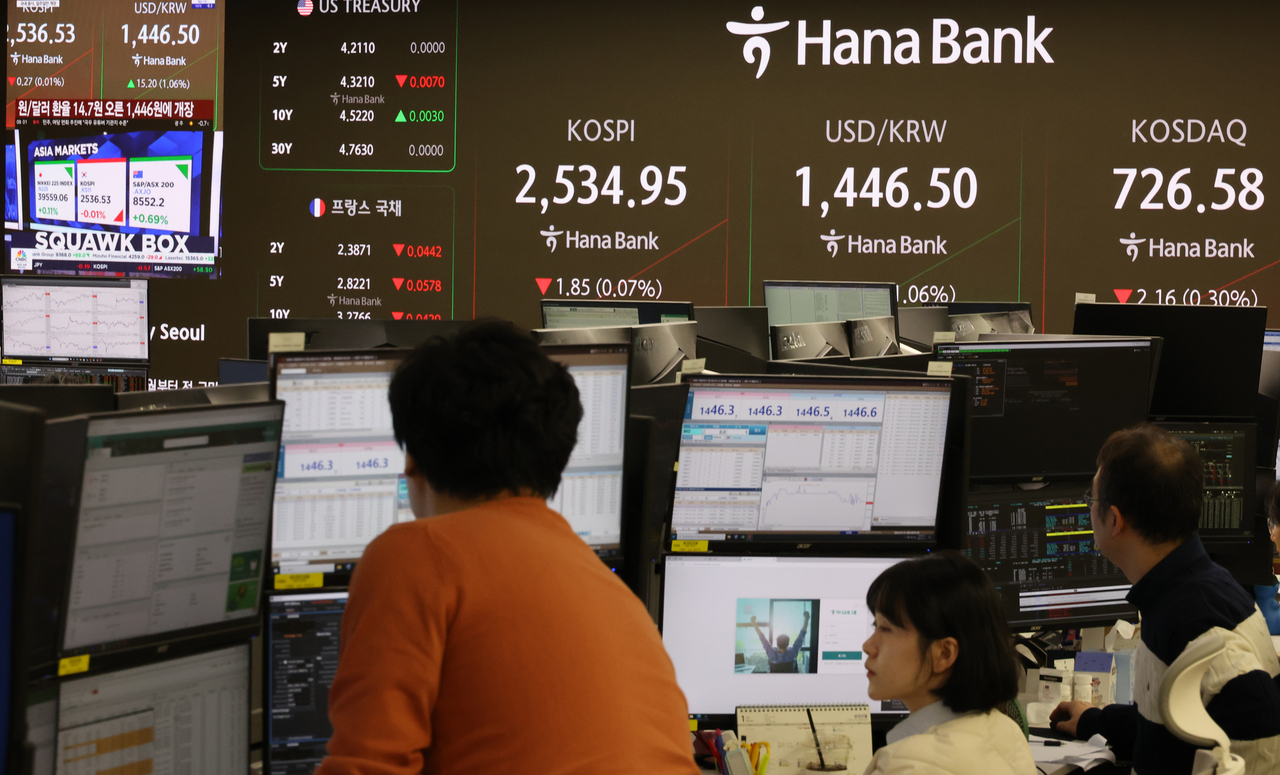 Officials work at a dealing room of Hana Bank in Seoul on Friday. (Yonhap)