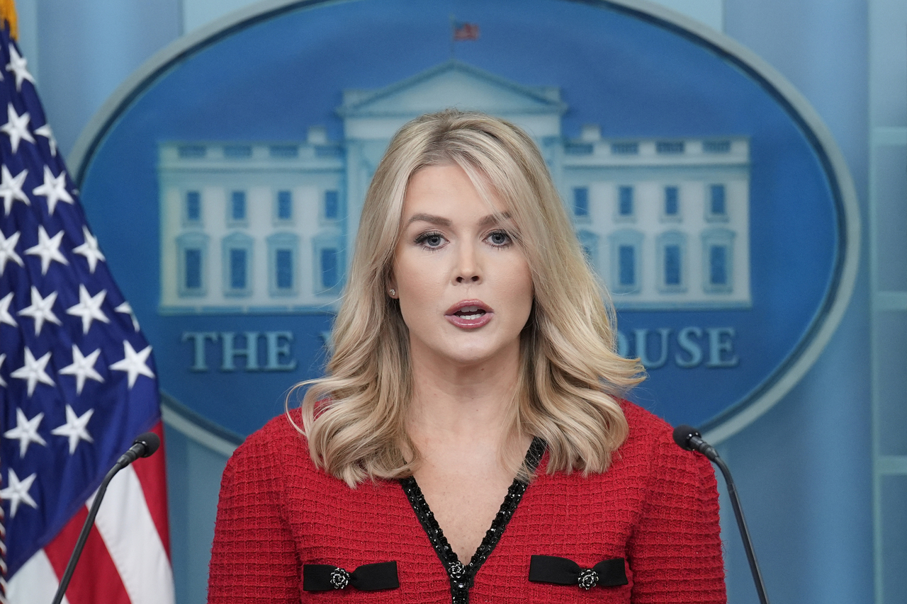 White House Press Secretary Karoline Leavitt speaks during the daily press briefing in the James S. Brady Briefing Room at the White House in Washington, DC on Friday. (Upi-Yonhap)