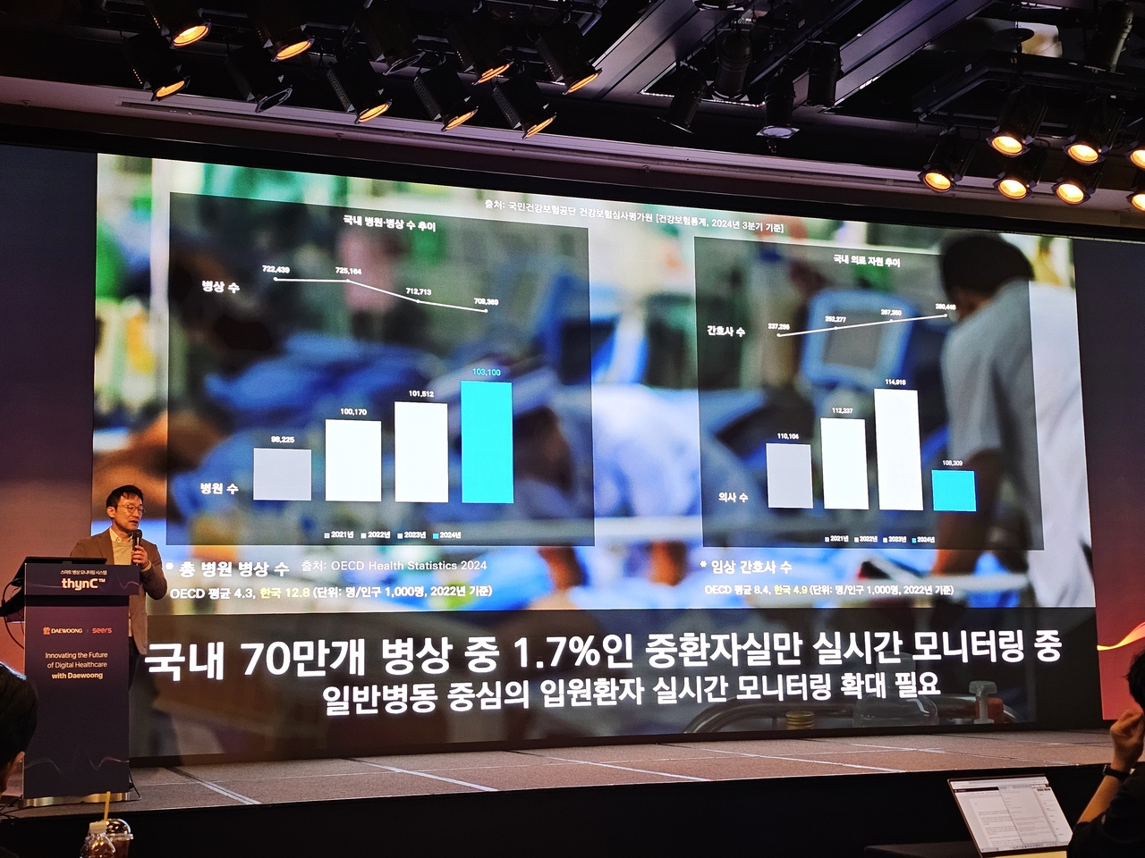 이영신 씨어크테크놀로지 대표가 3일 서울 동대문구 JW 메리어트 동대문 스퀘어 서울에서 열린 대웅제약 기자간담회에서 발표하고 있다. 최은지 기자.