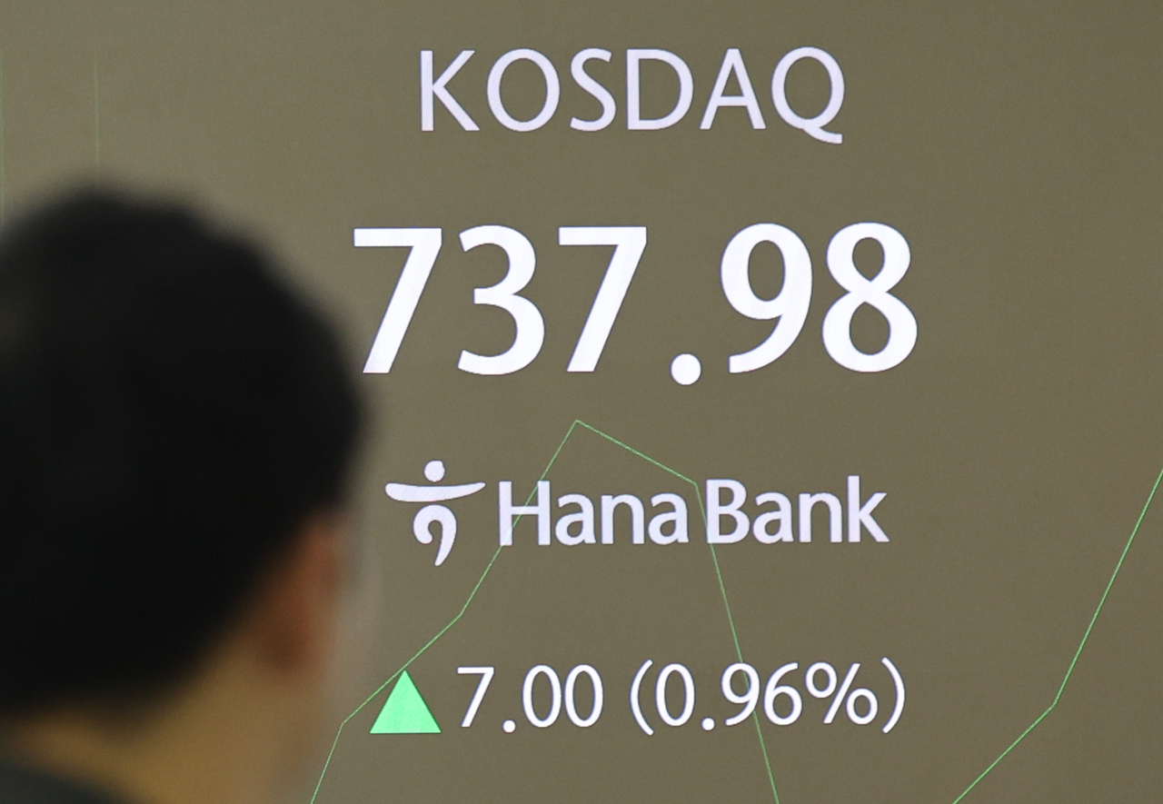 An electronic board showing the Korea Composite Stock Price Index at a dealing room of the Hana Bank headquarters in Seoul on Thursday. (Yonhap)
