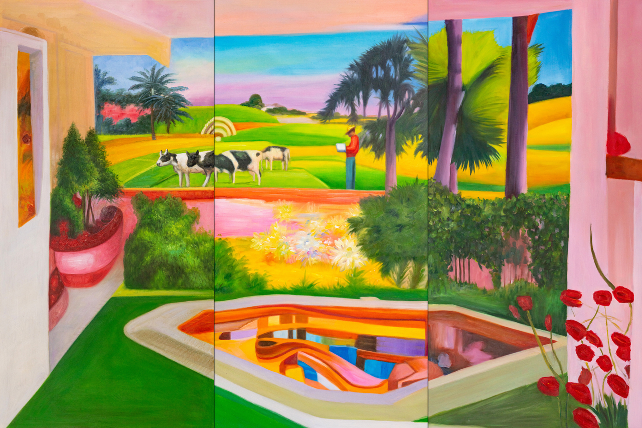 Mak2, Home From Home: Cows with Built-In Wi-Fi, 캔버스에 유채와 아크릴, 100x150 cm, 2024