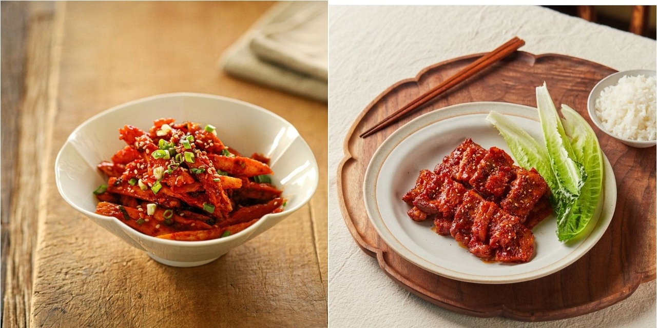 더덕 생채(왼쪽), 더덕 돼지고기구이 [우리의식탁 제공]
