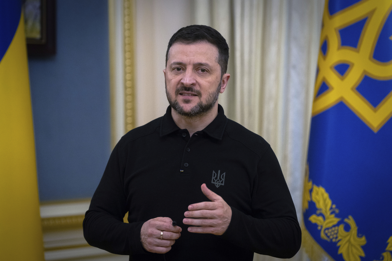 Ukrainian President Volodymyr Zelenskyy speaks during his briefing in Kyiv, Ukraine, Feb. 5. Yonhap