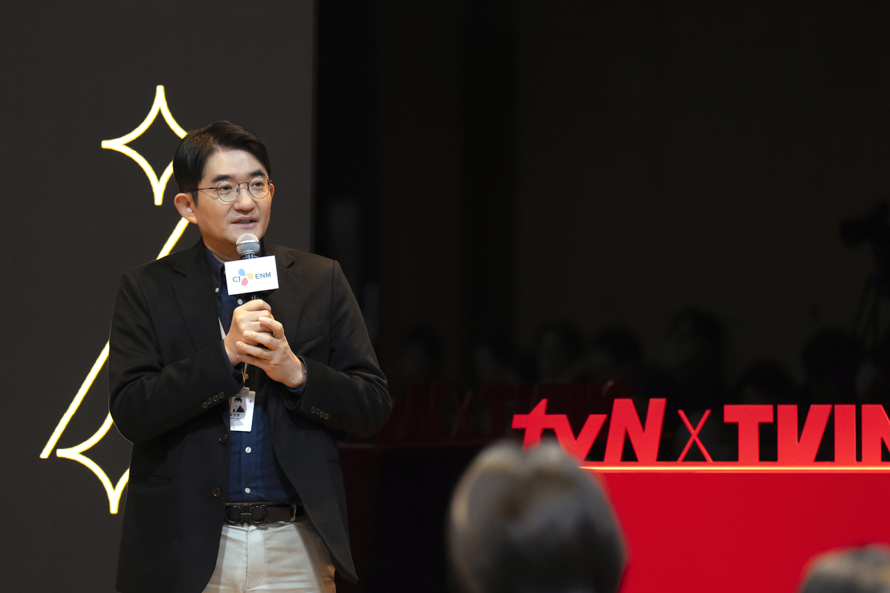 CEO of CJ ENM Yoon Sang-hyun speaks during CJ ENM Content Talk 2025 held in Sangnam-dong, Seoul, Monday. (CJ ENM)