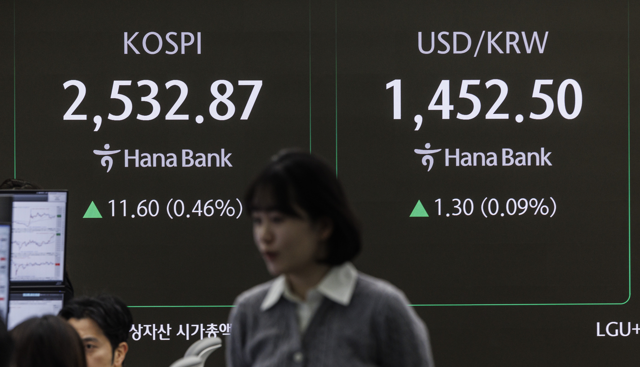 An electronic board showing the Korea Composite Stock Price Index at a dealing room of the Hana Bank headquarters in Seoul on Tuesday. (Yonhap)