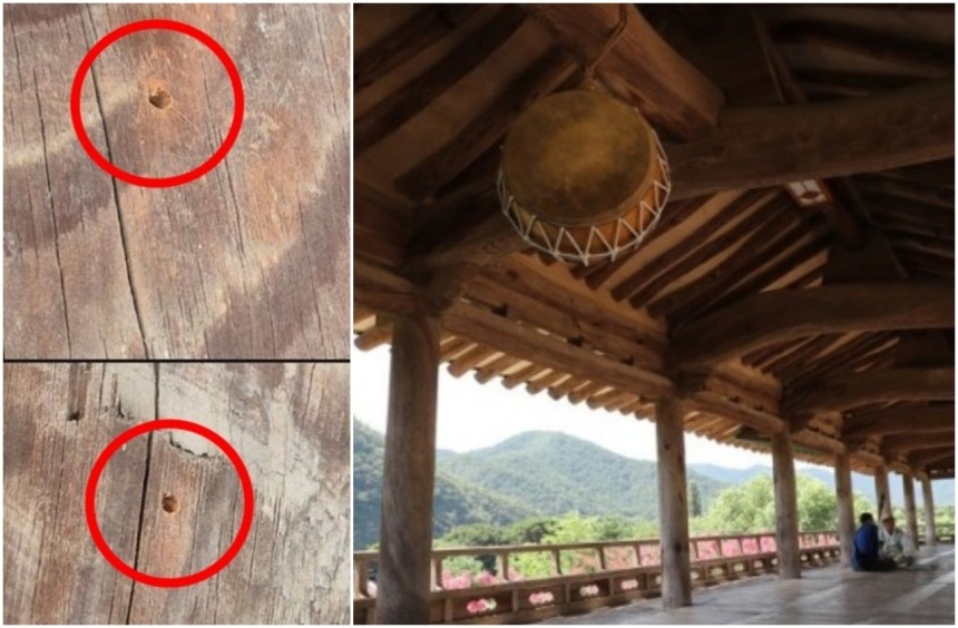 세계문화유산 병산서원 만대루 기둥에 남은 못자국과 안동 병산서원 만대루. [경북 안동시·연합뉴스]