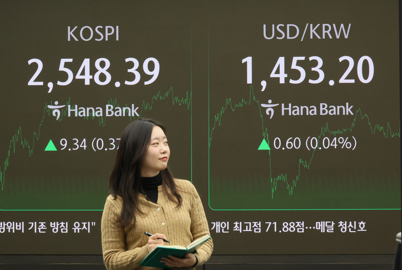 An electronic board showing the Korea Composite Stock Price Index at a dealing room of the Hana Bank headquarters in Seoul on Wednesday. (Yonhap)