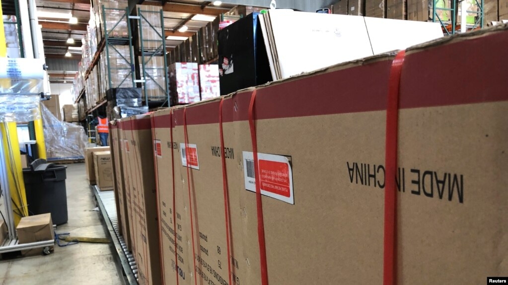 Boxes marked “Made in China” are lined up in a warehouse in Cypress, California. [Reuters]