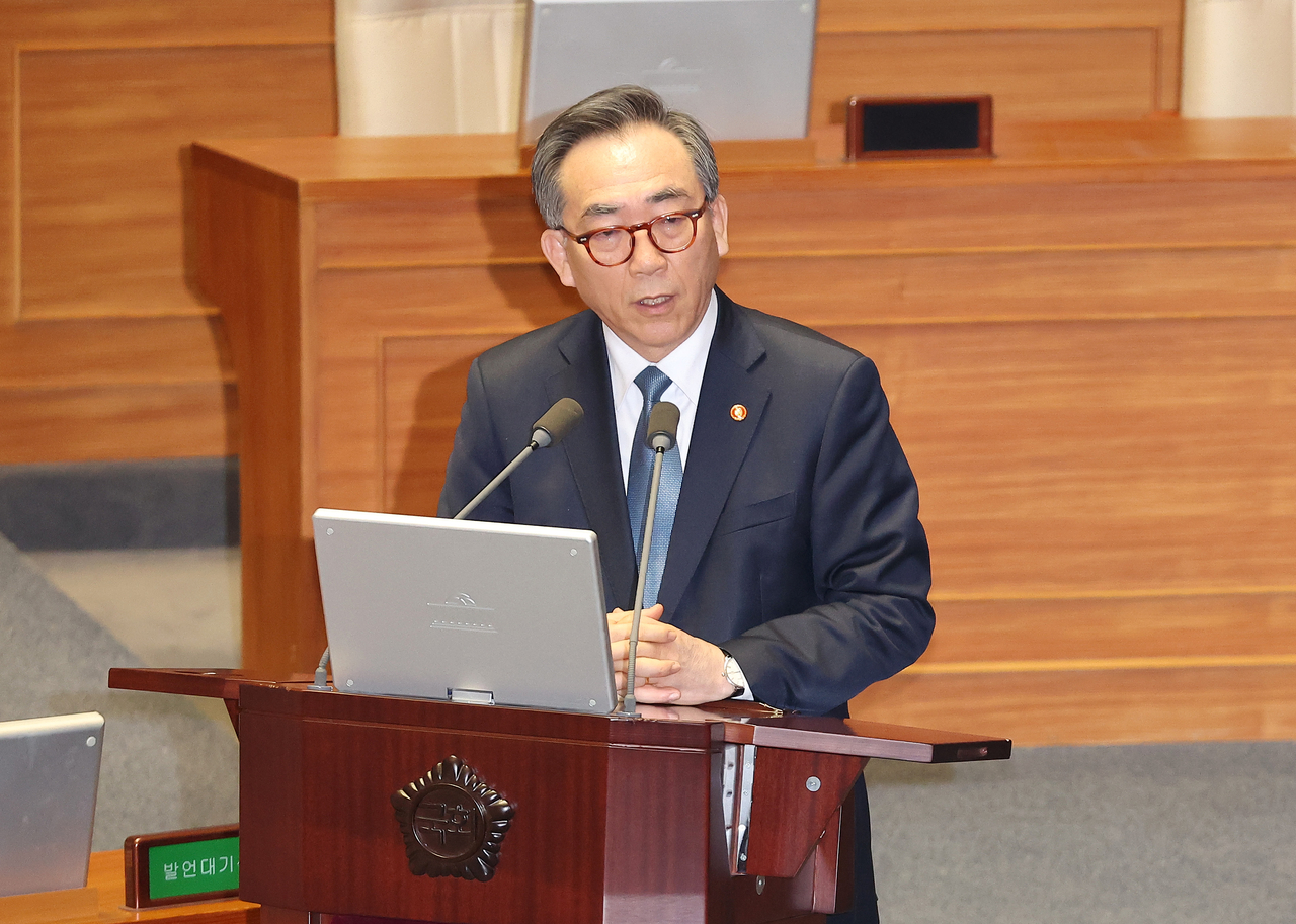 Seoul’s Foreign Minister Cho Tae-yul speaks during a parliamentary hearing held at the National Assembly in western Seoul on Wednesday. Yonhap