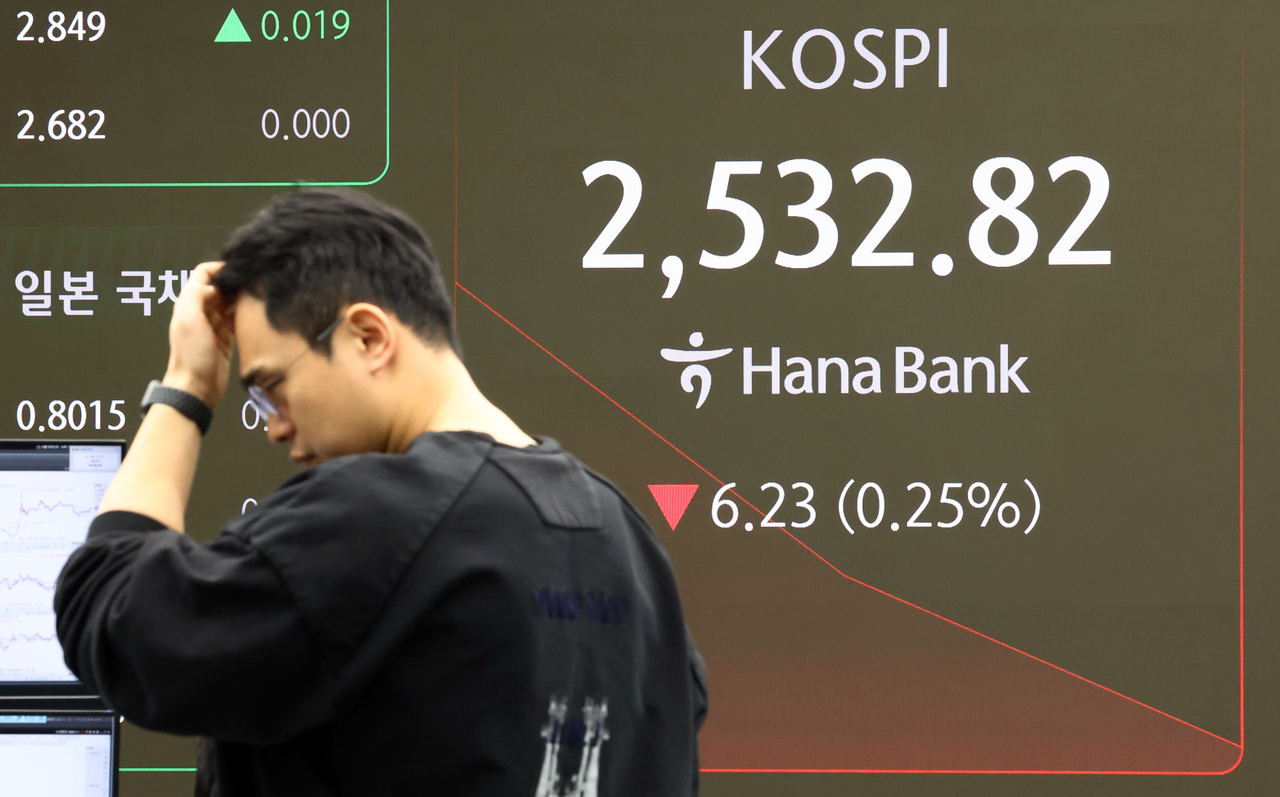 An electronic board showing the Korea Composite Stock Price Index at a dealing room of the Hana Bank headquarters in Seoul on Wednesday. (Yonhap)