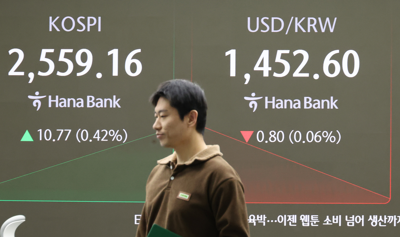 An electronic board showing the Korea Composite Stock Price Index at a dealing room of the Hana Bank headquarters in Seoul on Thursday. (Yonhap)