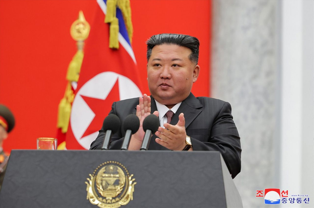 This photo, published by the Korean Central News Agency on Feb. 9, 2025, shows North Korean leader Kim Jong-un during his visit to the Ministry of National Defense the previous day in celebration of the 77th anniversary of the founding of its armed forces, the Korean People's Army. (Yonhap)