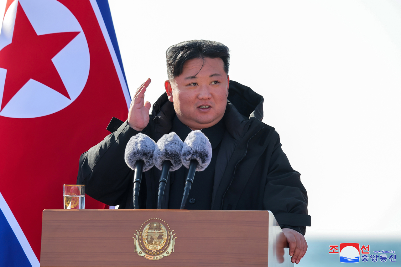 Kim Jong-un attends the groundbreaking ceremony of the Rakwon County Offshore Farm in the city of Rakwon, South Hamgyong Province, in this photo published by the Korean Central News Agency on Feb. 15, 2025. (Yonhap)