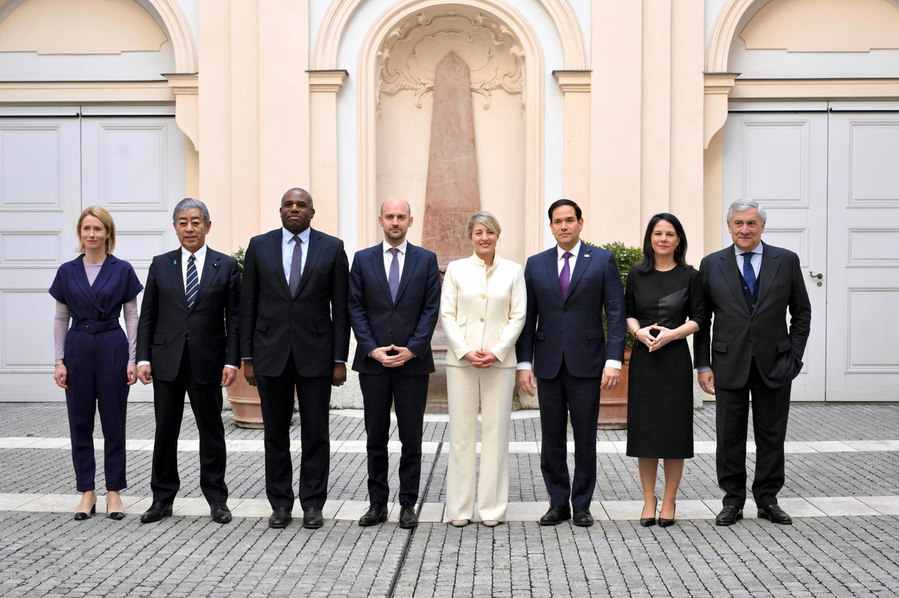 The chief diplomats of the United States, Canada, France, Germany, Italy, Britain, Japan and the High Representative of the European Union pose as they meet for the G7 foreign ministerial meeting on the margins of the Munich Security Conference, in Munich, Germany on Sunday. (EPA)
