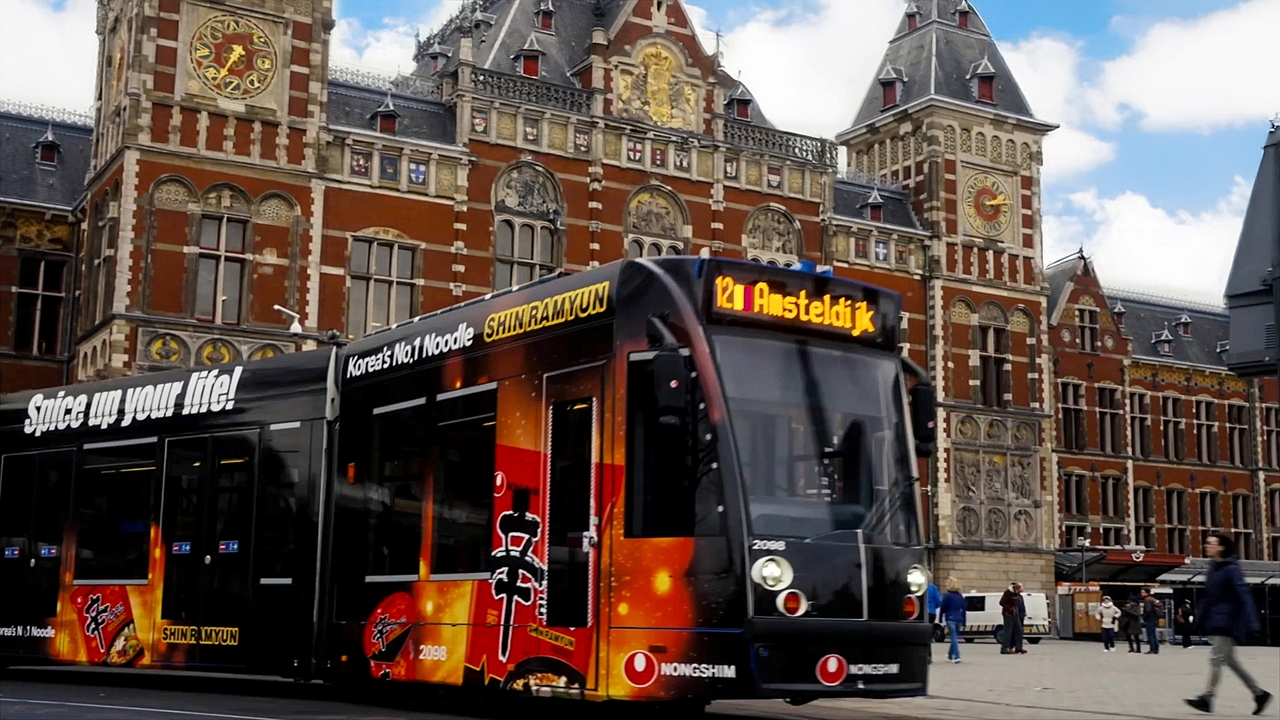 An advertisement for Nongshim's Shin Ramyun on a tram in Amsterdam, the Netherlands (Nongshim)