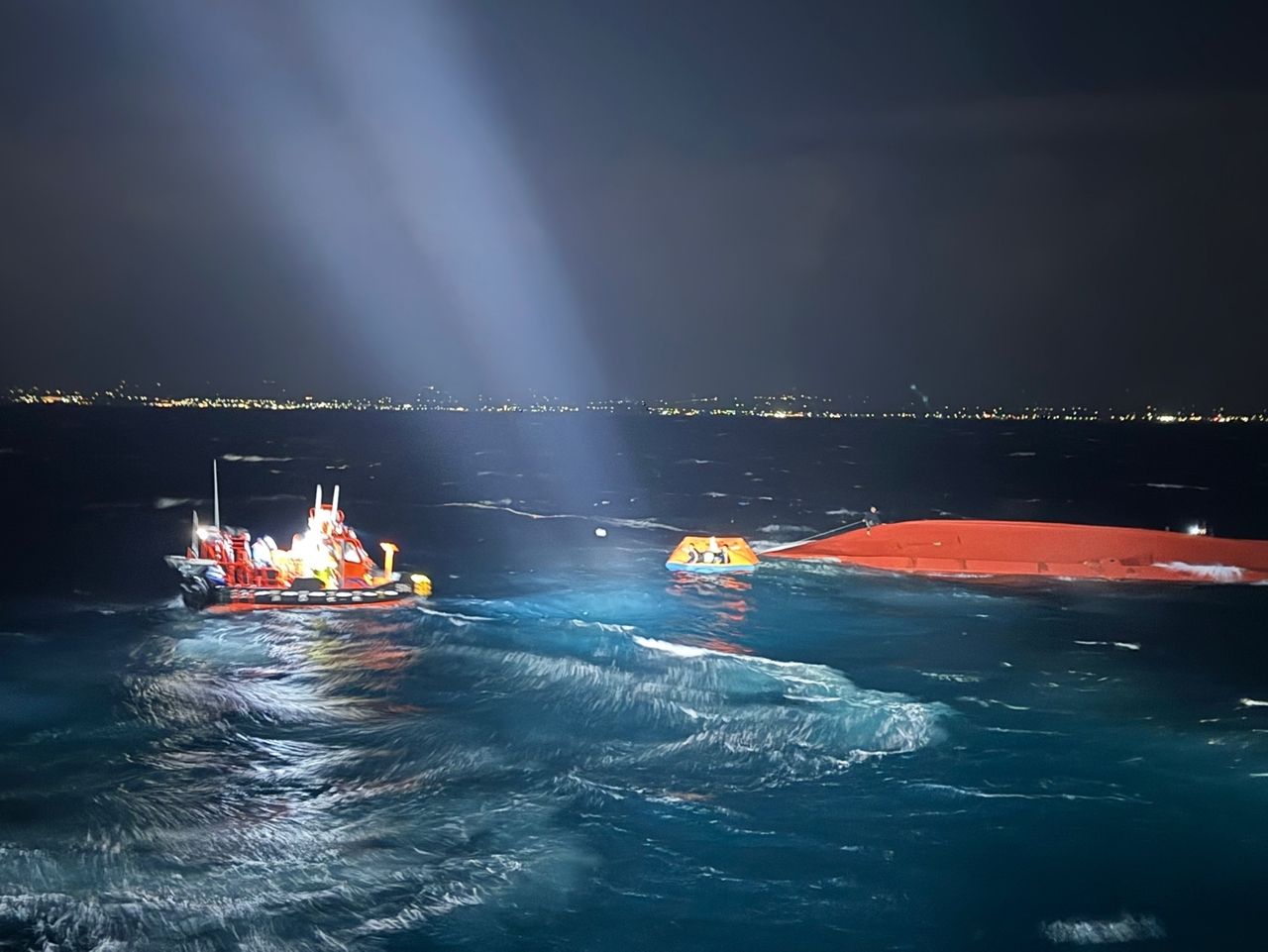 A fishing vessel is found capsized by the Coast Guard near Seogwipo, Jeju Island, Feb. 12. (Yonhap)