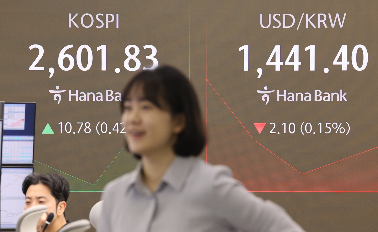 An electronic board showing the Korea Composite Stock Price Index at a dealing room of the Hana Bank headquarters in Seoul on Monday. (Yonhap)