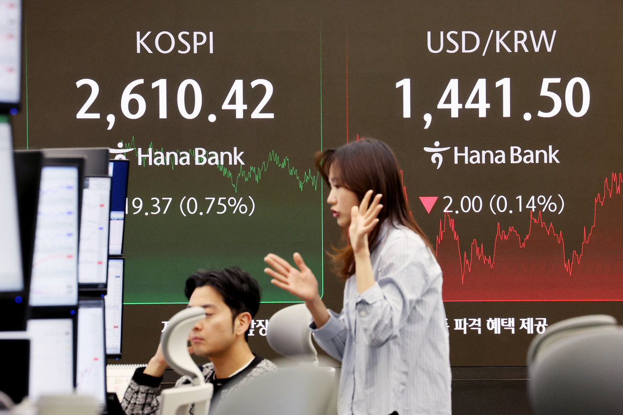 An electronic board showing the Korea Composite Stock Price Index at a dealing room of the Hana Bank headquarters in Seoul on Monday. (Yonhap)