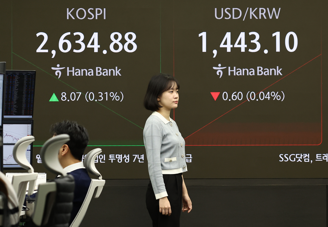 An electronic board showing the Korea Composite Stock Price Index at a dealing room of the Hana Bank headquarters in Seoul on Wednesday. (Yonhap)