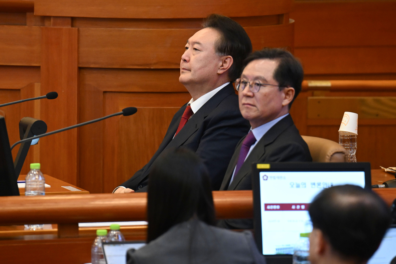 President Yoon Suk Yeol attends his impeachment trial at the Constitutional Court of Korea in Jongno-gu, Seoul, Thursday. (Yonhap)