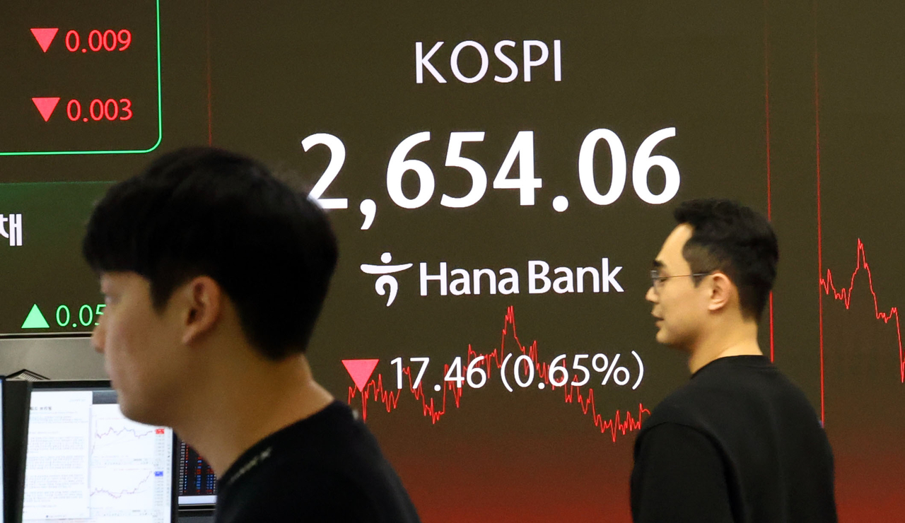 An electronic board showing the Korea Composite Stock Price Index at a dealing room of the Hana Bank headquarters in Seoul on Thursday. (Yonhap)