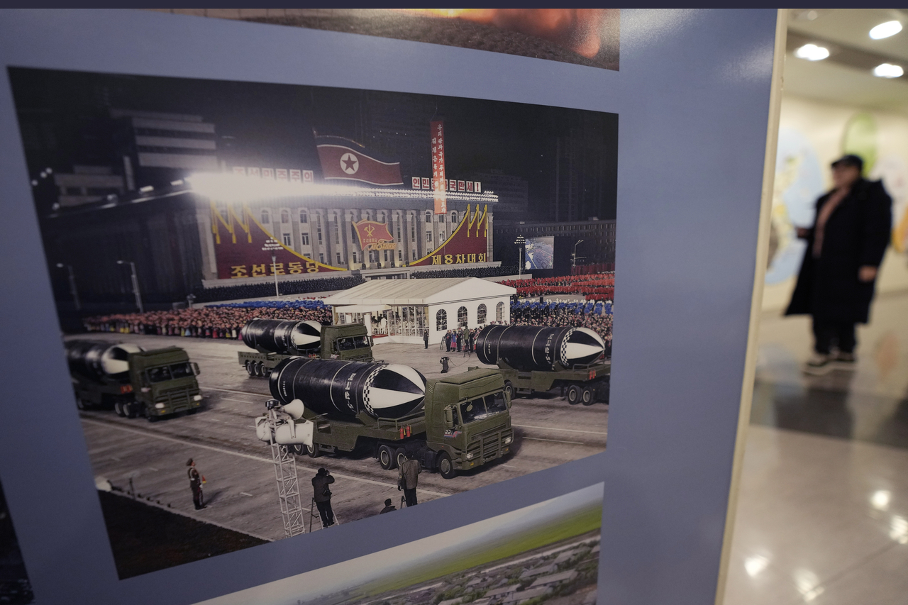 A photo showing North Korea's missiles is displayed at the Unification Observation Post in Paju, South Korea, near the border with North Korea, Tuesday, Feb. 18. (AP)