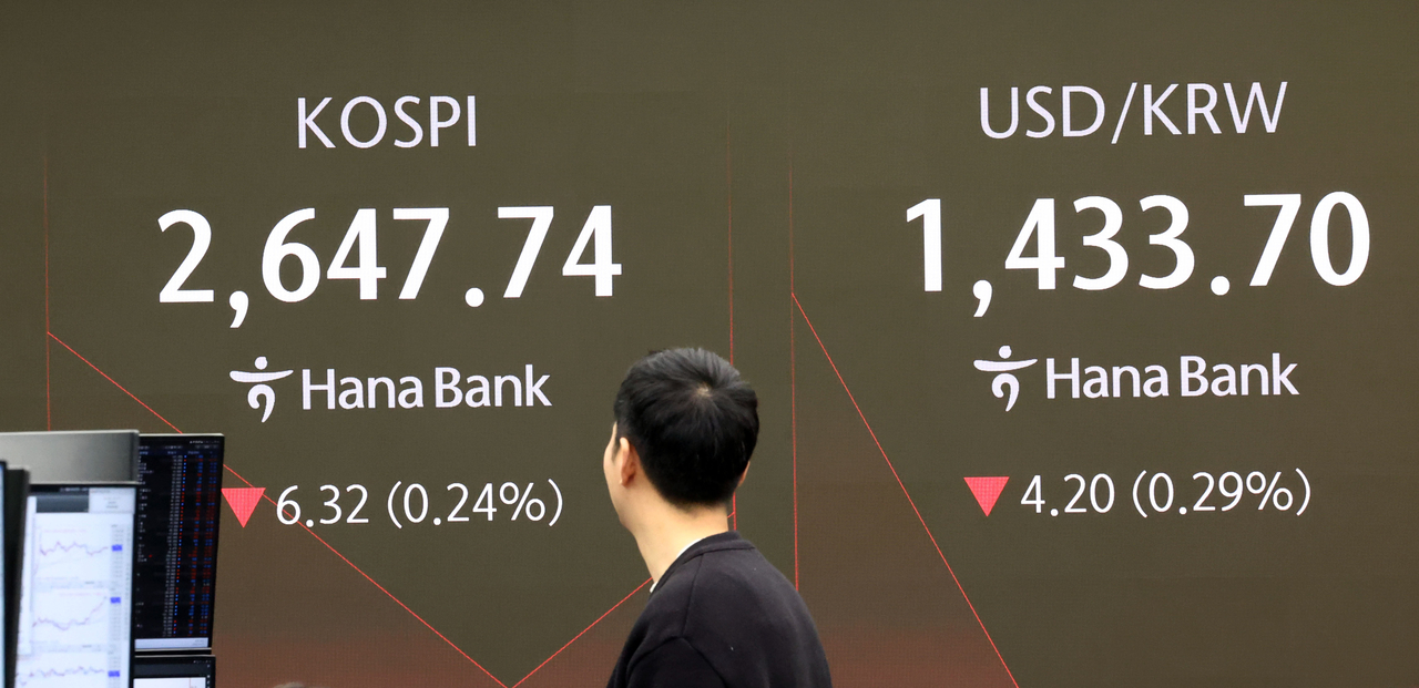 An electronic board showing the Korea Composite Stock Price Index at a dealing room of the Hana Bank headquarters in Seoul on Friday. (Yonhap)