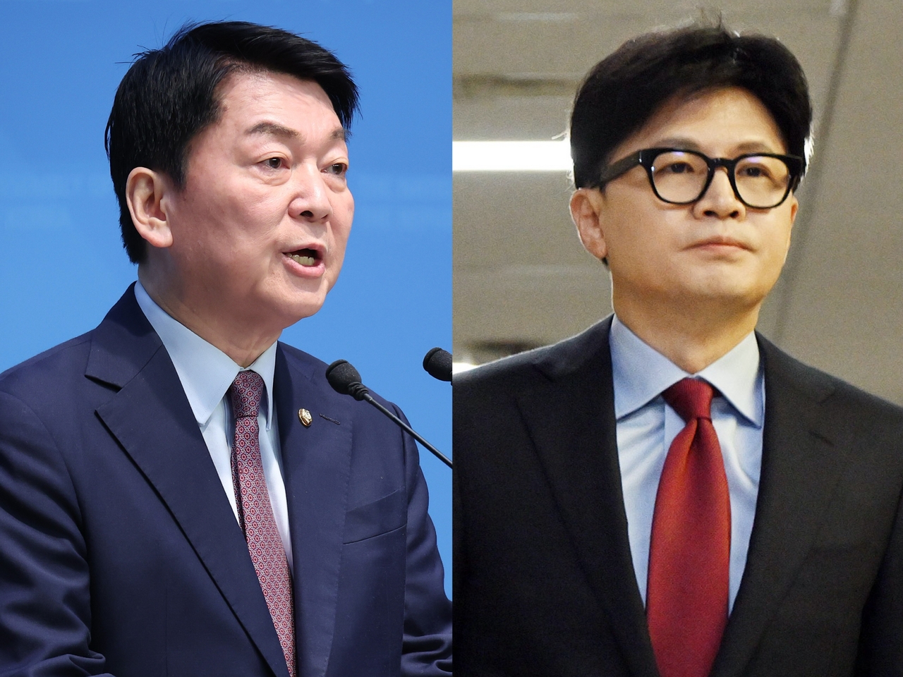 Rep. Ahn Cheol-soo, a four-time People Power Party lawmaker and three-time presidential contender (left); Han Dong-hoon, former People Power Party chair who was Yoon's justice minister