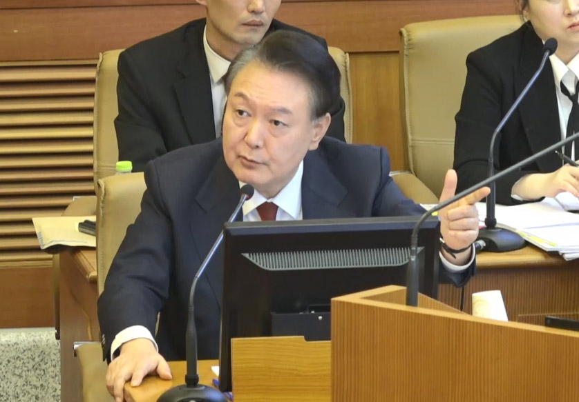 President Yoon Suk Yeol speaks at the 10th hearing of his impeachment trial at the Constitutional Cout in Seoul on Tuesday. (Courtesy of the Constitutional Court)
