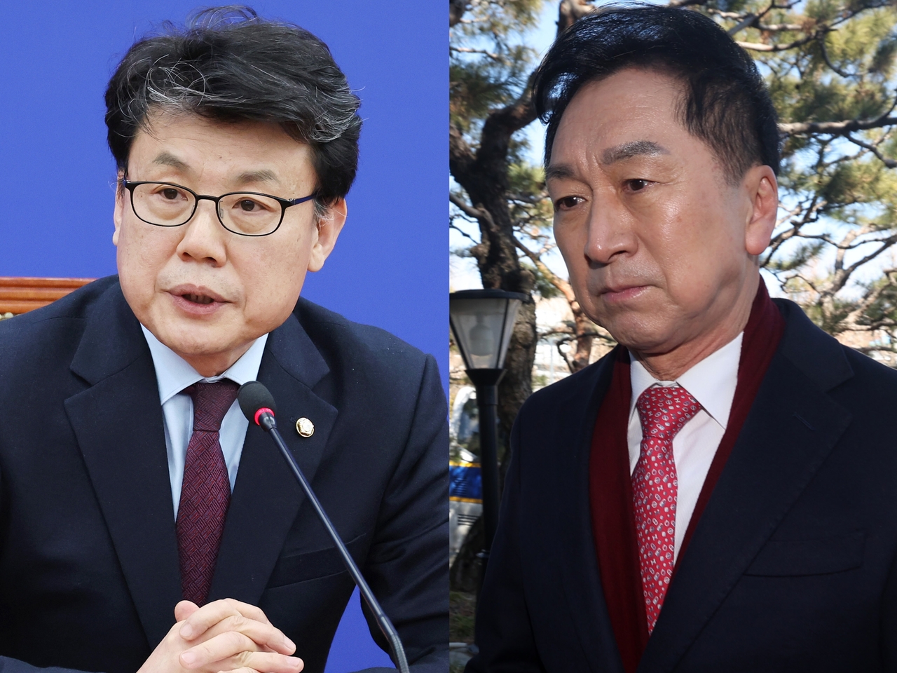 Rep. Jin Sung-joon, chair of the Democratic Party of Korea's policy commitee (left); Rep. Kim Gi-hyeon, former chair of the People Power Party (Yonhap)