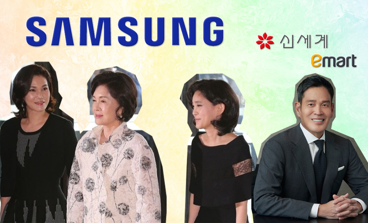 이부진(왼쪽부터) 삼성물산 전략기획담당 사장, 홍라희 전 삼성미술관 리움 관장, 이부진 호텔신라 사장,  정용진 신세계그룹 회장. [연합, 신세계]