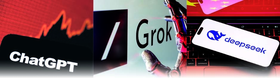 미국의 챗GPT와 Grok, 중국의 딥시크(DeepSeek) 로고다. 인공지능도 지정학처럼 현재의 판세가 굳어지는 모습이다. 인류를 위한 메이저 바카라거버넌스가 중요한 이유다.  [로이터]