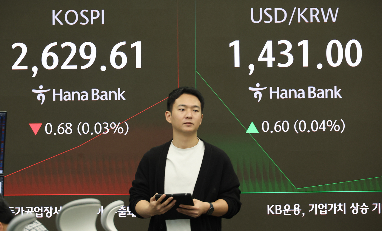 An electronic board showing the Korea Composite Stock Price Index at a dealing room of the Hana Bank headquarters in Seoul on Wednesday. (Yonhap)