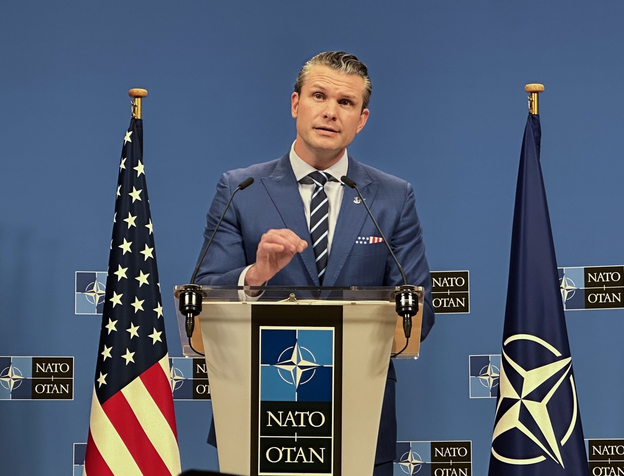 US Defense Secretary Pete Hegseth speaks after a meeting of defense ministers at NATO headquarters in Brussels on Feb. 13, 2025 (local time). (Yonhap)