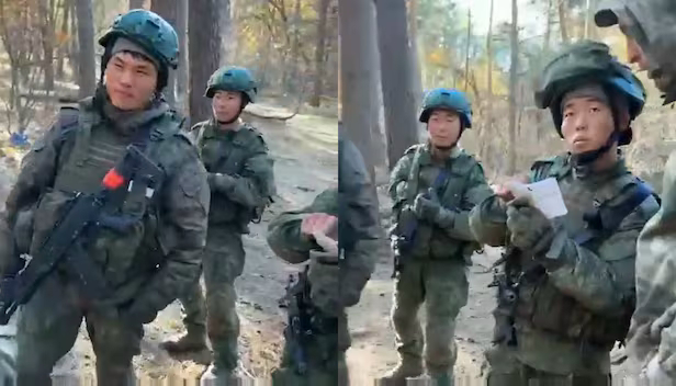 North Korean soldiers receive training from a Russian military instructor, as seen in photos released by Ukrainian journalist Andriy Tsaplienko on his Telegram in November. (Screenshot from Tsaplienko's Telegram)