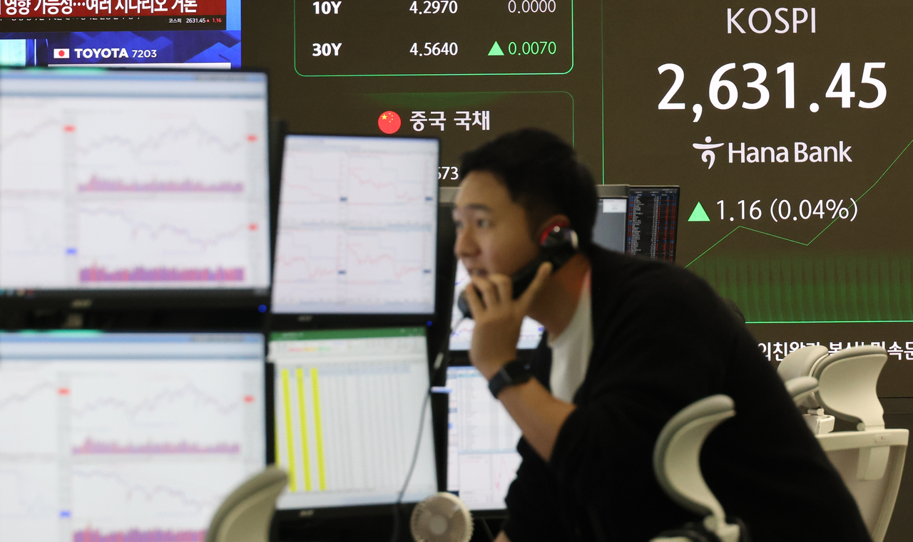 An electronic board showing the Korea Composite Stock Price Index at a dealing room of the Hana Bank headquarters in Seoul on Wednesday. (Yonhap)