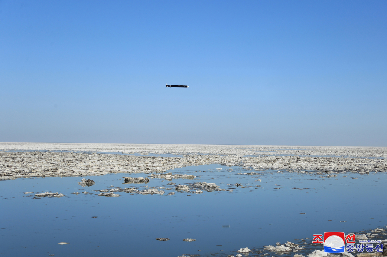 This photo, carried by North Korea's official Korean Central News Agency on Feb. 28, 2025, shows the North's firing of a strategic cruise missile in a launching drill overseen by its leader Kim Jong-un on Feb. 26. (KCNA-Yonhap)