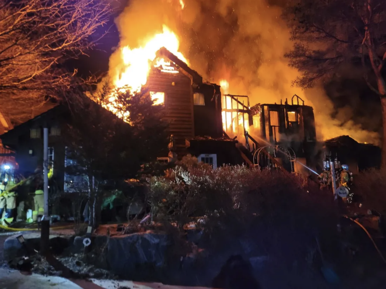 This image of a pensionin Pyeongchang, Gangwon Province  engulfed in flames is provided by fire authorities. (Gangwon Fire Headquarters)