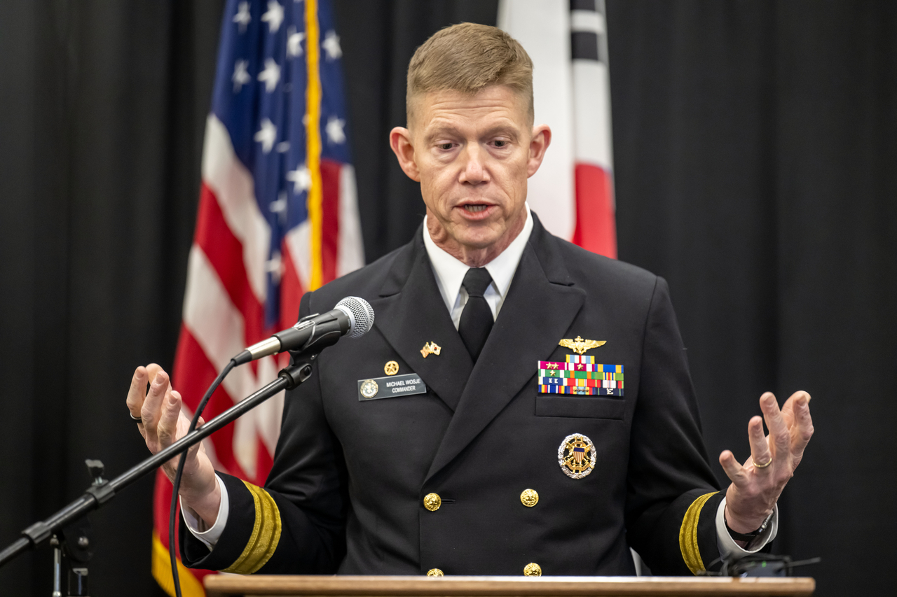Rear Adm. Michael Wosje, commander of the US Navy's Carrier Strike Group 1, speaks at a press conference aboard the USS Carl Vinson, docked at a South Korean naval base in Busan, Monday.  (Joint Press Corps)