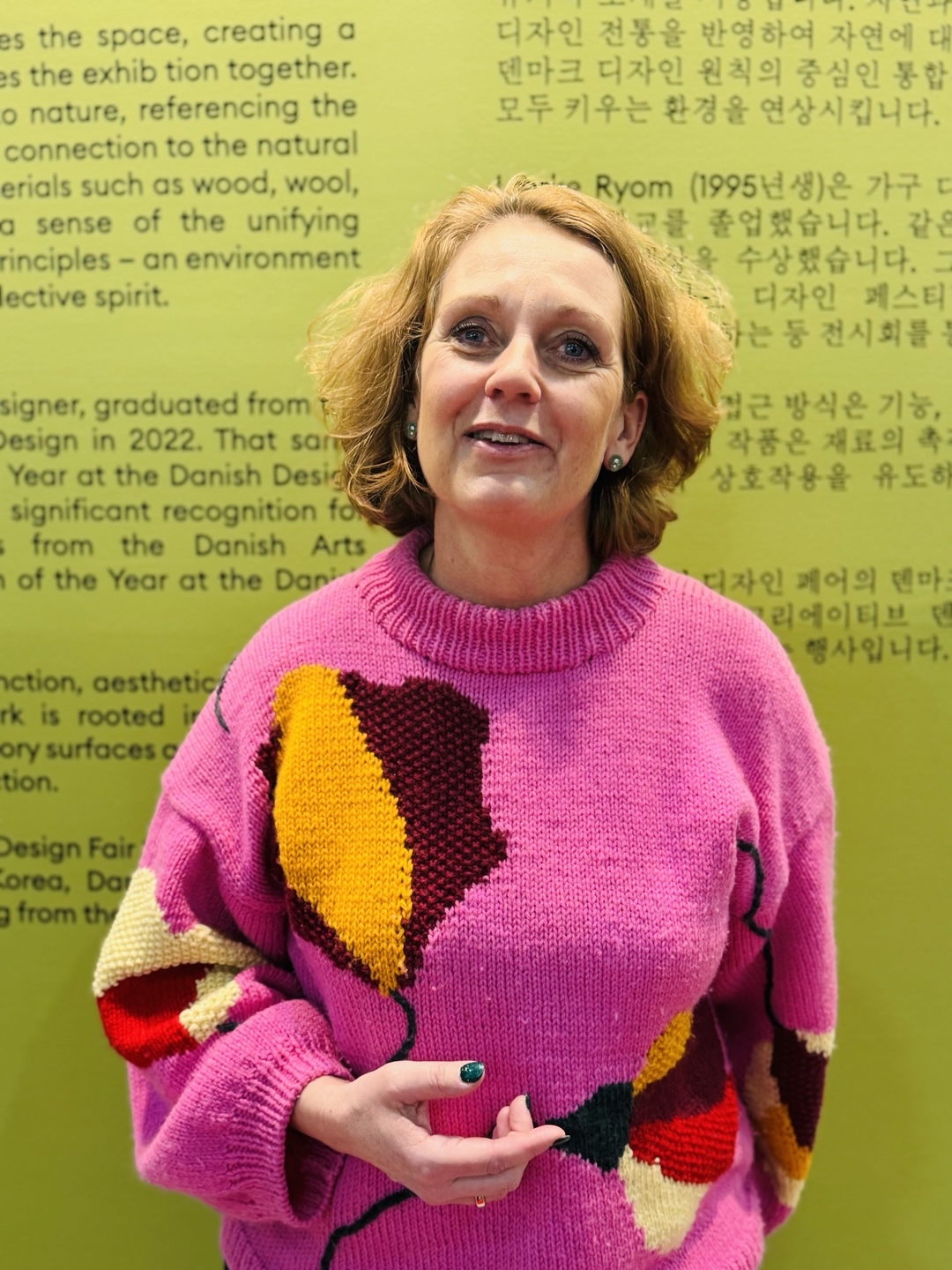 Representative of the Confederation of Danish Industry, Lise Thomsen, speaks in an interview with The Korea Herald at the Denmark Pavilion at the 2025 Seoul Living Design Fair at Coex Convention Center in Seoul. (Sanjay Kumar/ The Korea Herald)