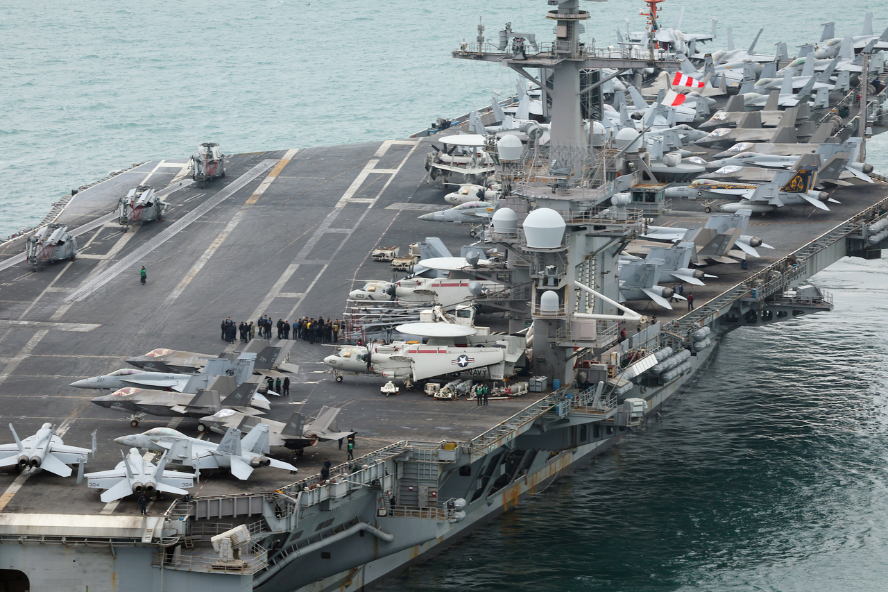 USS Carl Vinson arrives at a key naval base in the southeastern city of Busan on Sunday. (Yonhap)