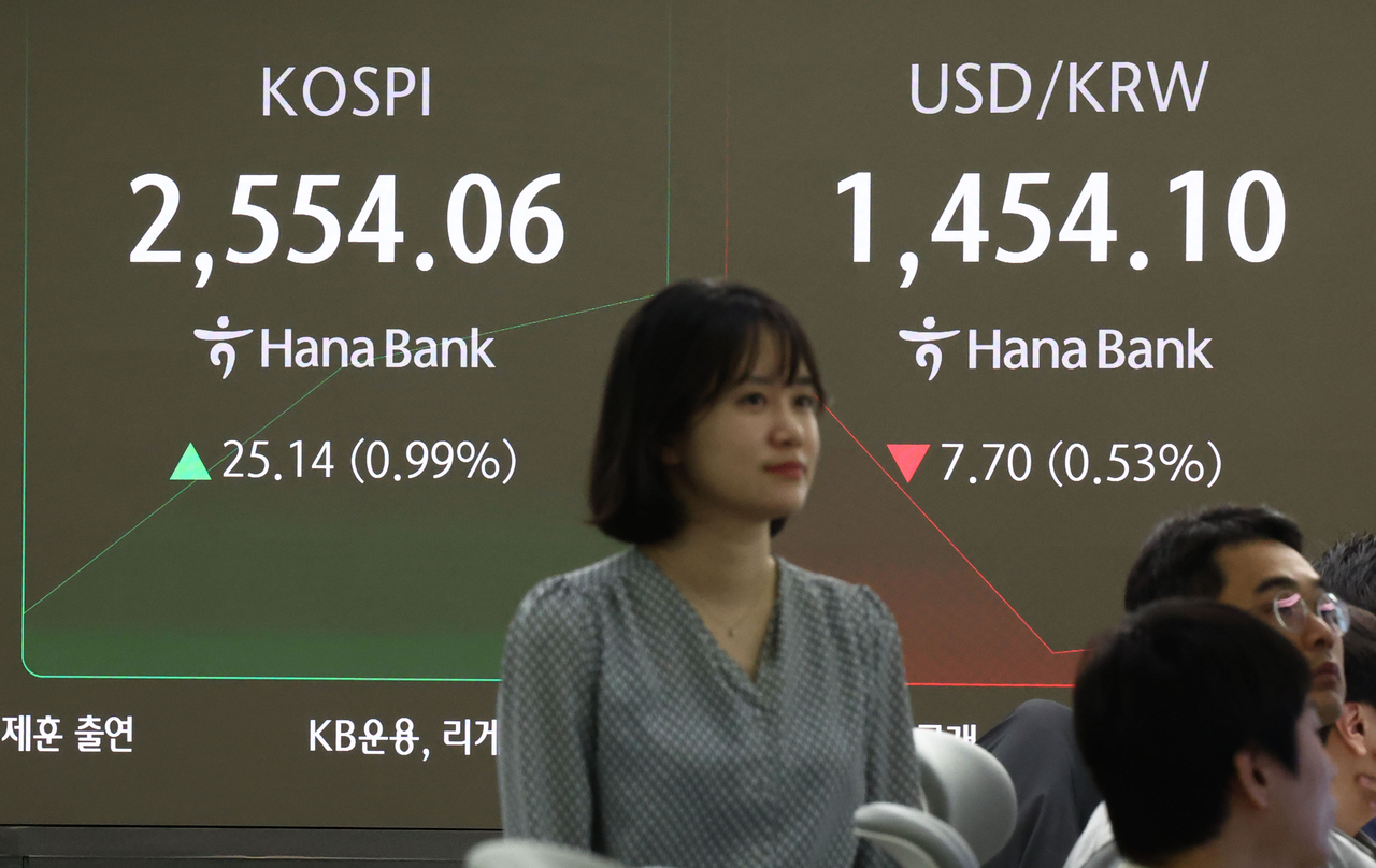 An electronic board showing the Korea Composite Stock Price Index at a dealing room of the Hana Bank headquarters in Seoul on Wednesday. (Yonhap)