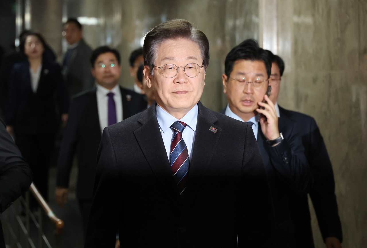 Democratic Party leader Rep. Lee Jae-myung attends an emergency party meeting at the National Assembly in Yeouido, Seoul, Friday, following the the Seoul Central District Court's approval of President Yoon Suk Yeol’s release.